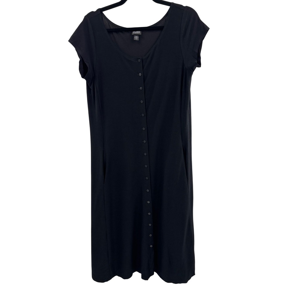 Eileen Fisher Black Button Front Midi Dress Short Sleeve Stretch Jersey Small